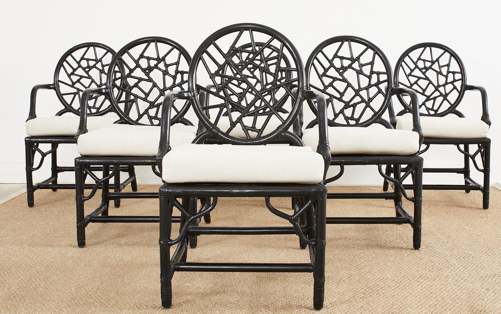 Organic Modern Set of Six McGuire Cracked Ice Rattan Lacquered Dining Chairs