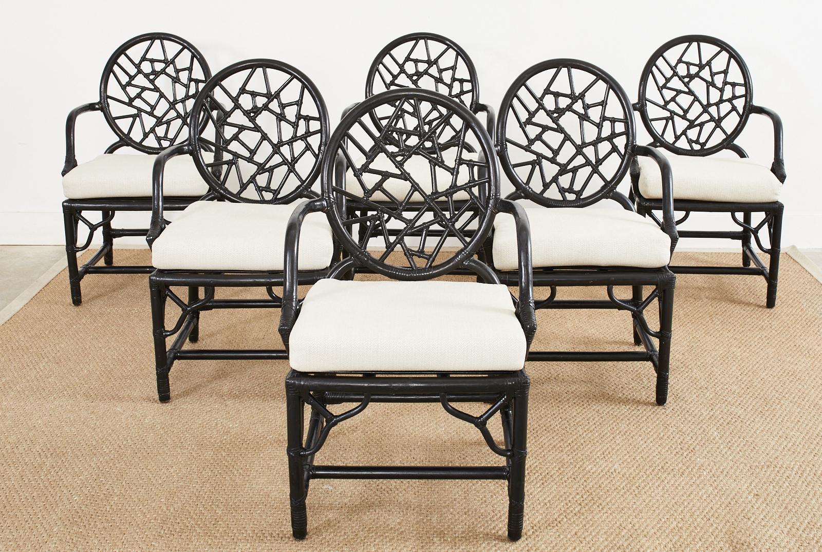 American Set of Six McGuire Cracked Ice Rattan Lacquered Dining Chairs