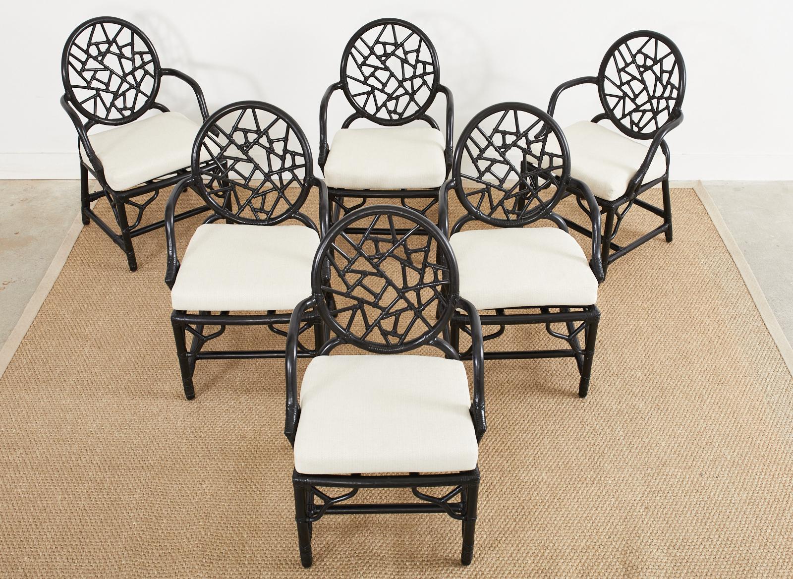 Leather Set of Six McGuire Cracked Ice Rattan Lacquered Dining Chairs