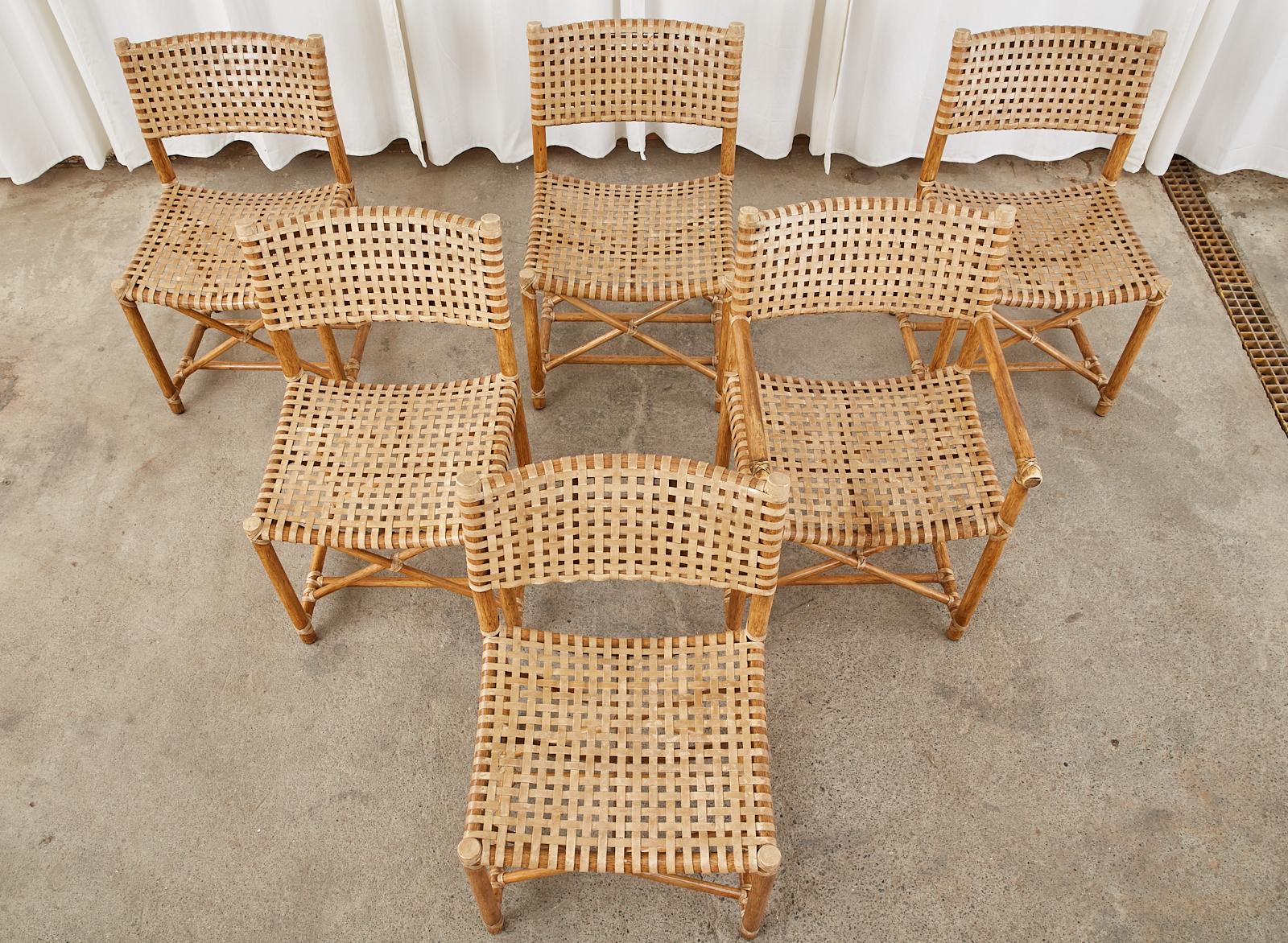 Organic Modern Set of Six McGuire Laced Rawhide Rattan Dining Chairs