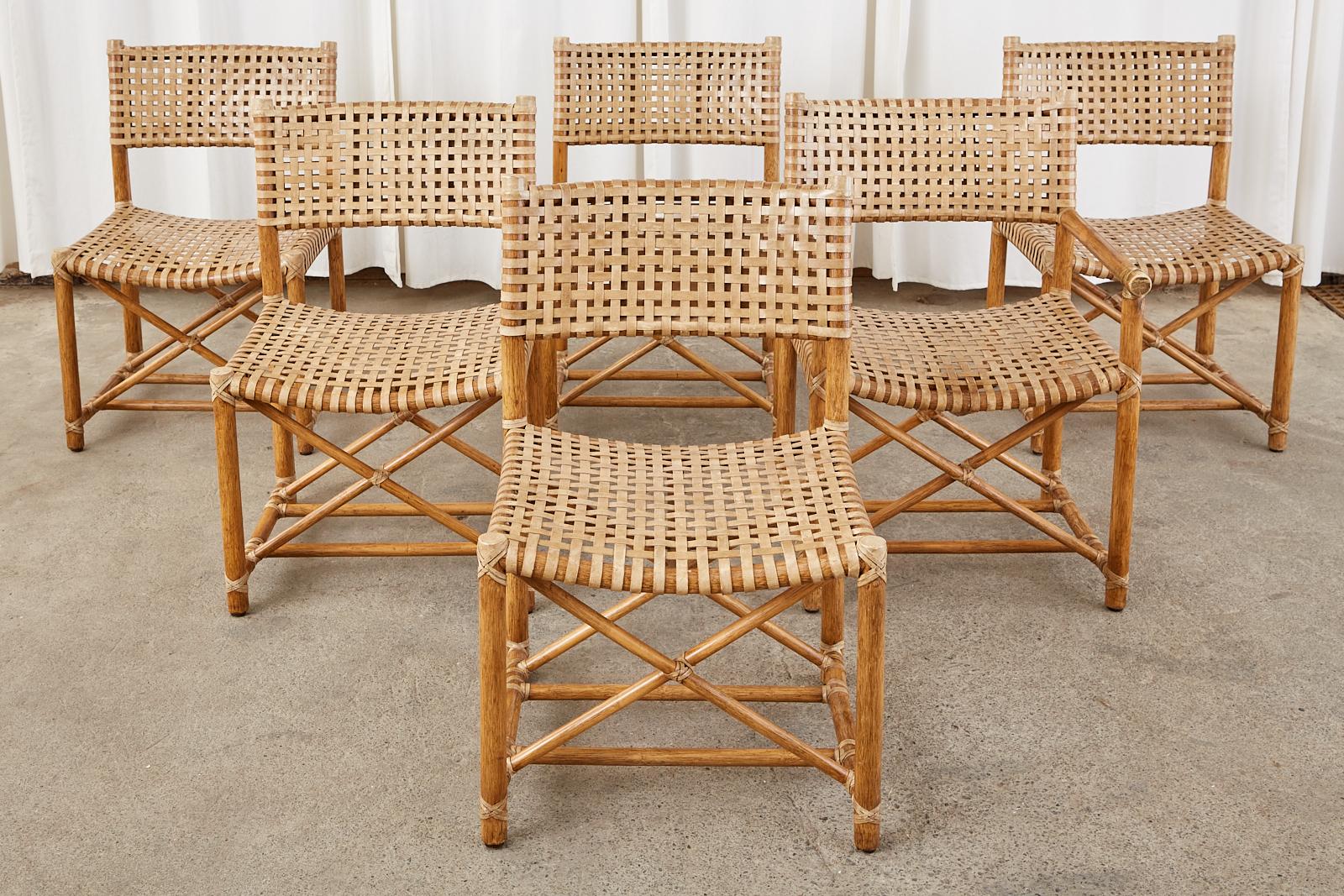 American Set of Six McGuire Laced Rawhide Rattan Dining Chairs