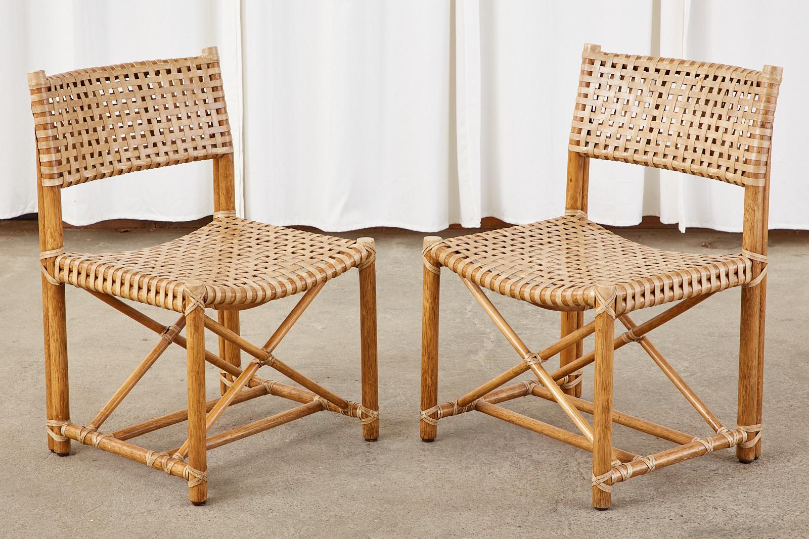 Hand-Crafted Set of Six McGuire Laced Rawhide Rattan Dining Chairs