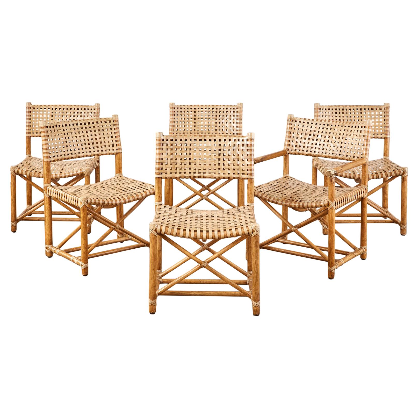 Set of Six McGuire Laced Rawhide Rattan Dining Chairs