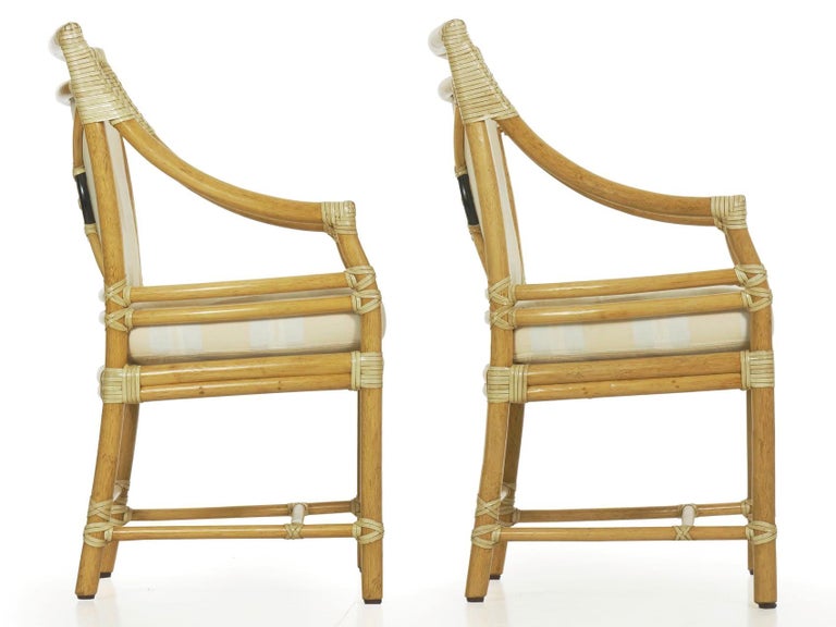 Set Of Six Mcguire Leather Bound Rattan Dining Chairs With Target Back
