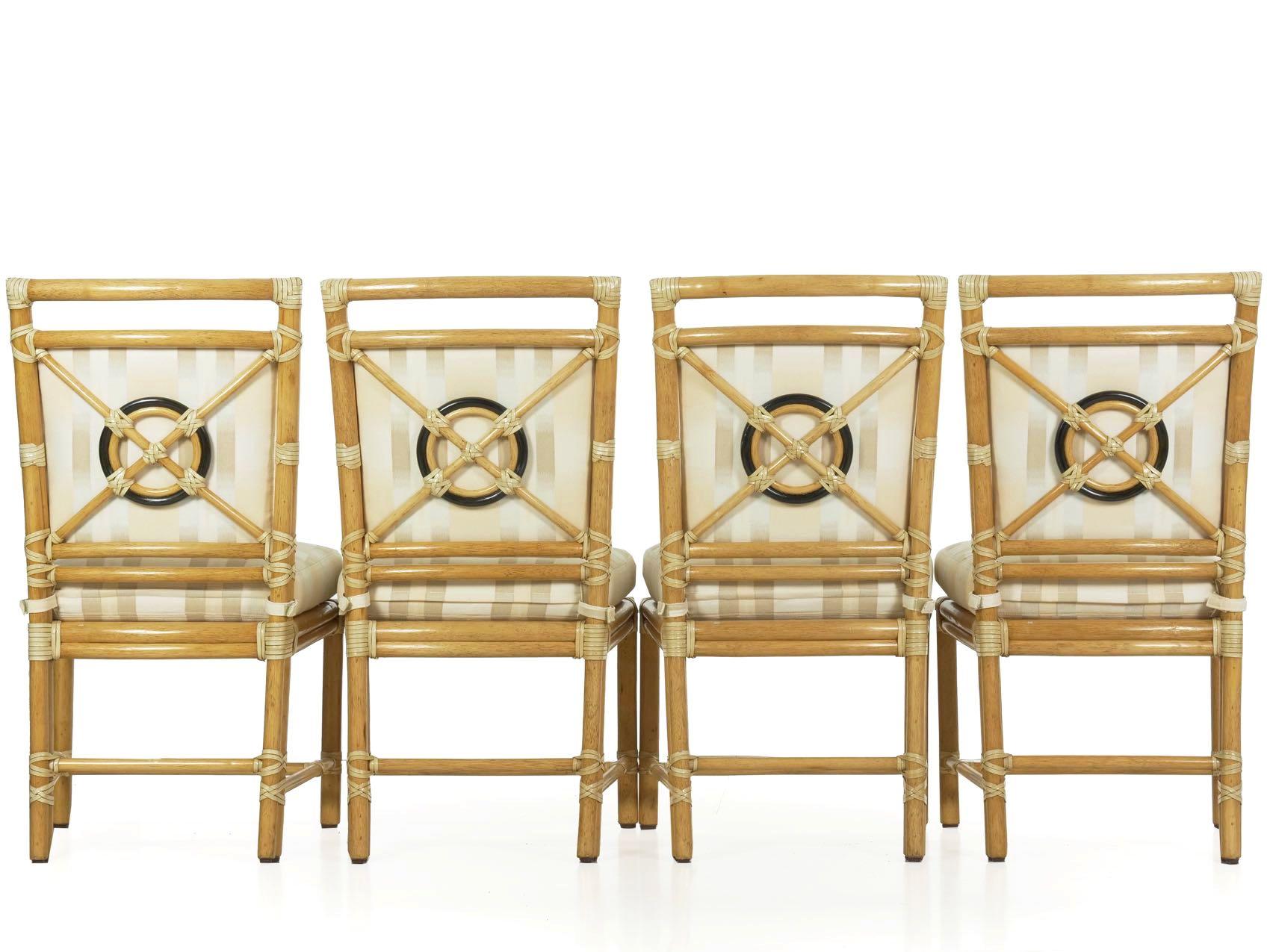 Set of Six McGuire Leather-Bound Rattan Dining Chairs with “Target” Back 11