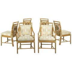 Set of Six McGuire Leather-Bound Rattan Dining Chairs with “Target” Back