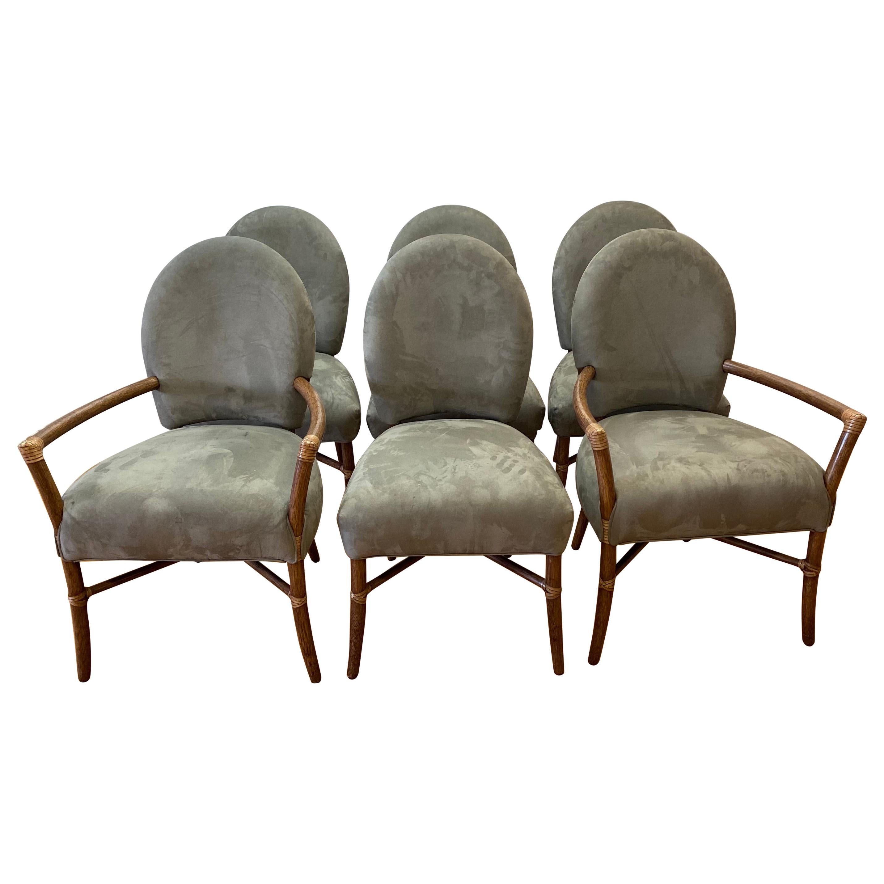 Set of Six McGuire Plush Fabric and Bentwood Dining Chairs, 21st Century