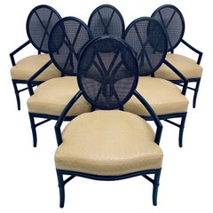 Set of Six McGuire Rattan and Bamboo Dining Armchairs with Leather Seats