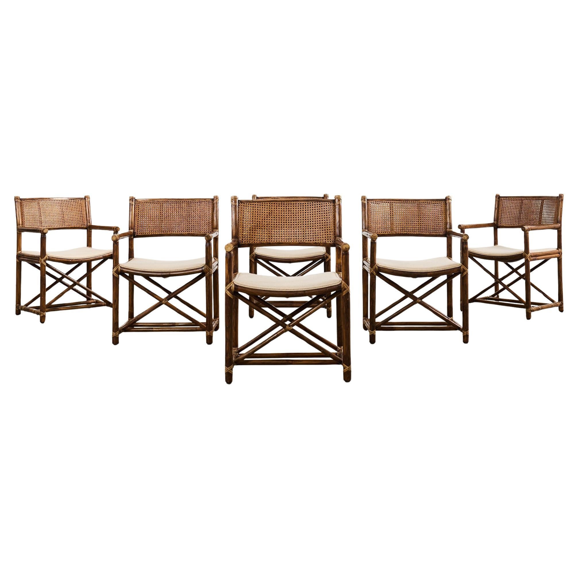 Set of Six McGuire Rattan Caned Directors Dining Armchairs