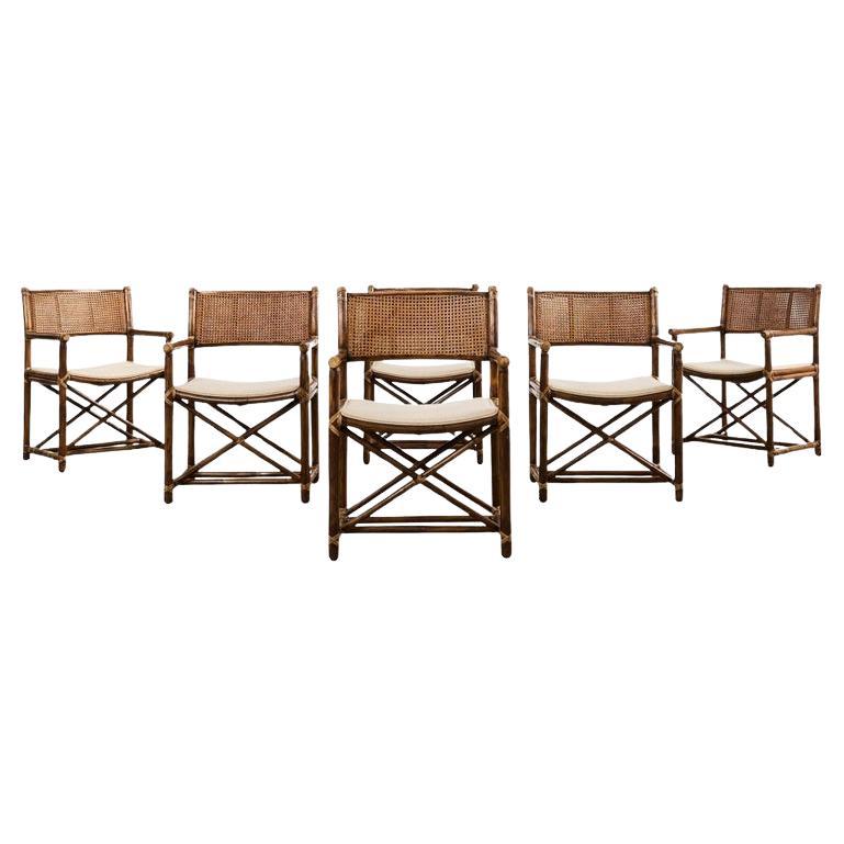 Set of Six McGuire Rattan Caned Directors Dining Armchairs