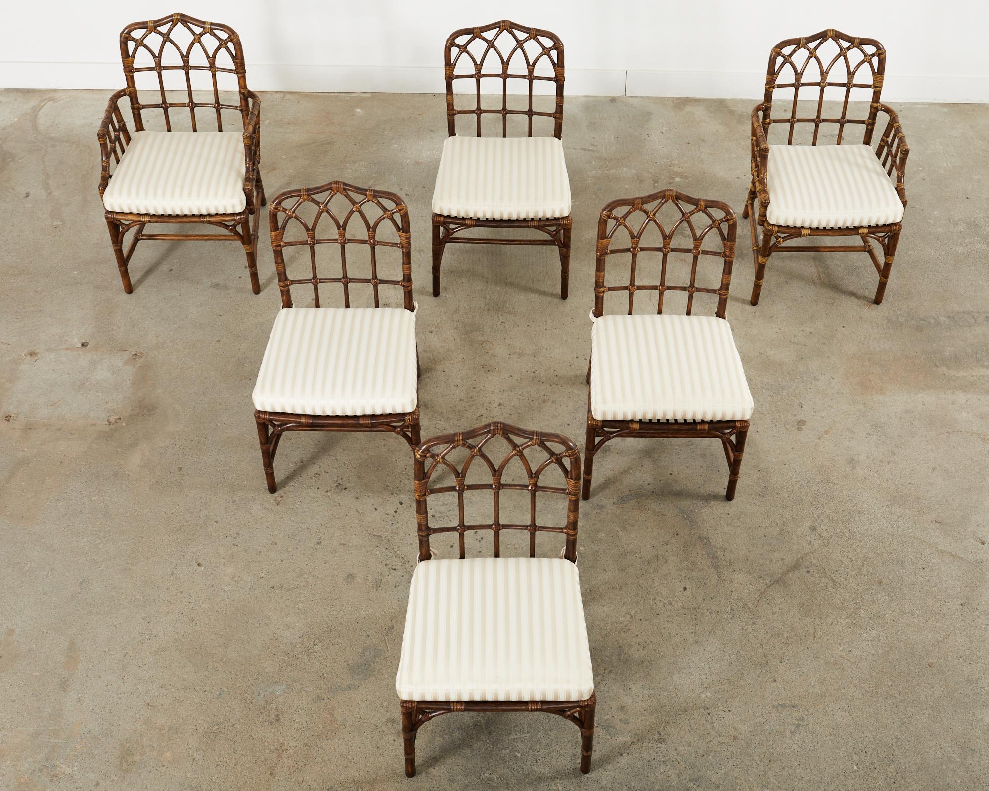 Organic Modern Set of Six McGuire Rattan Cathedral Back Dining Chairs