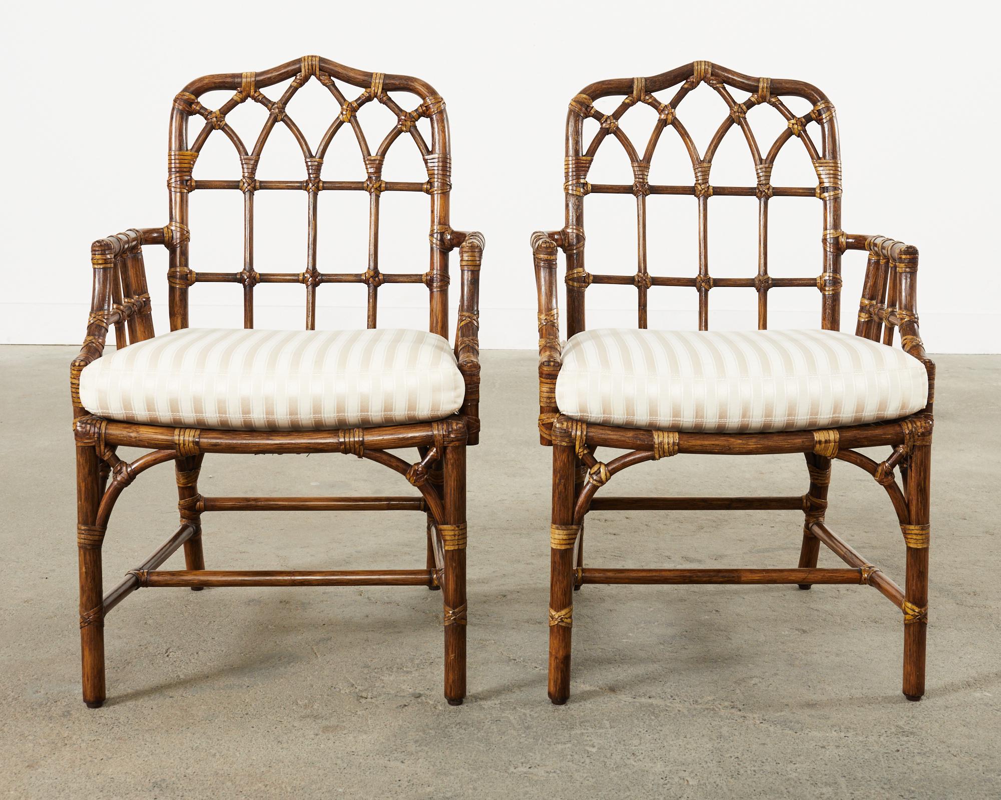 American Set of Six McGuire Rattan Cathedral Back Dining Chairs