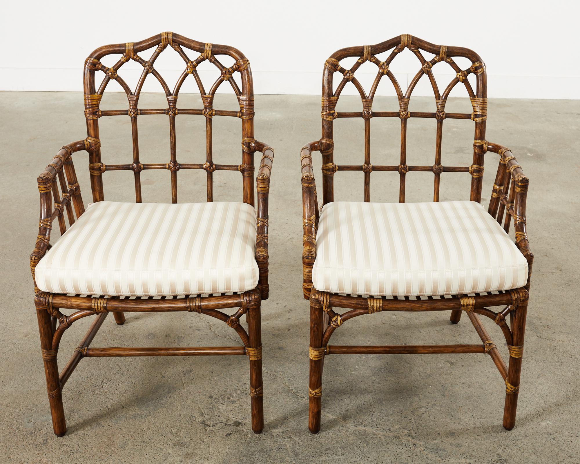 Hand-Crafted Set of Six McGuire Rattan Cathedral Back Dining Chairs