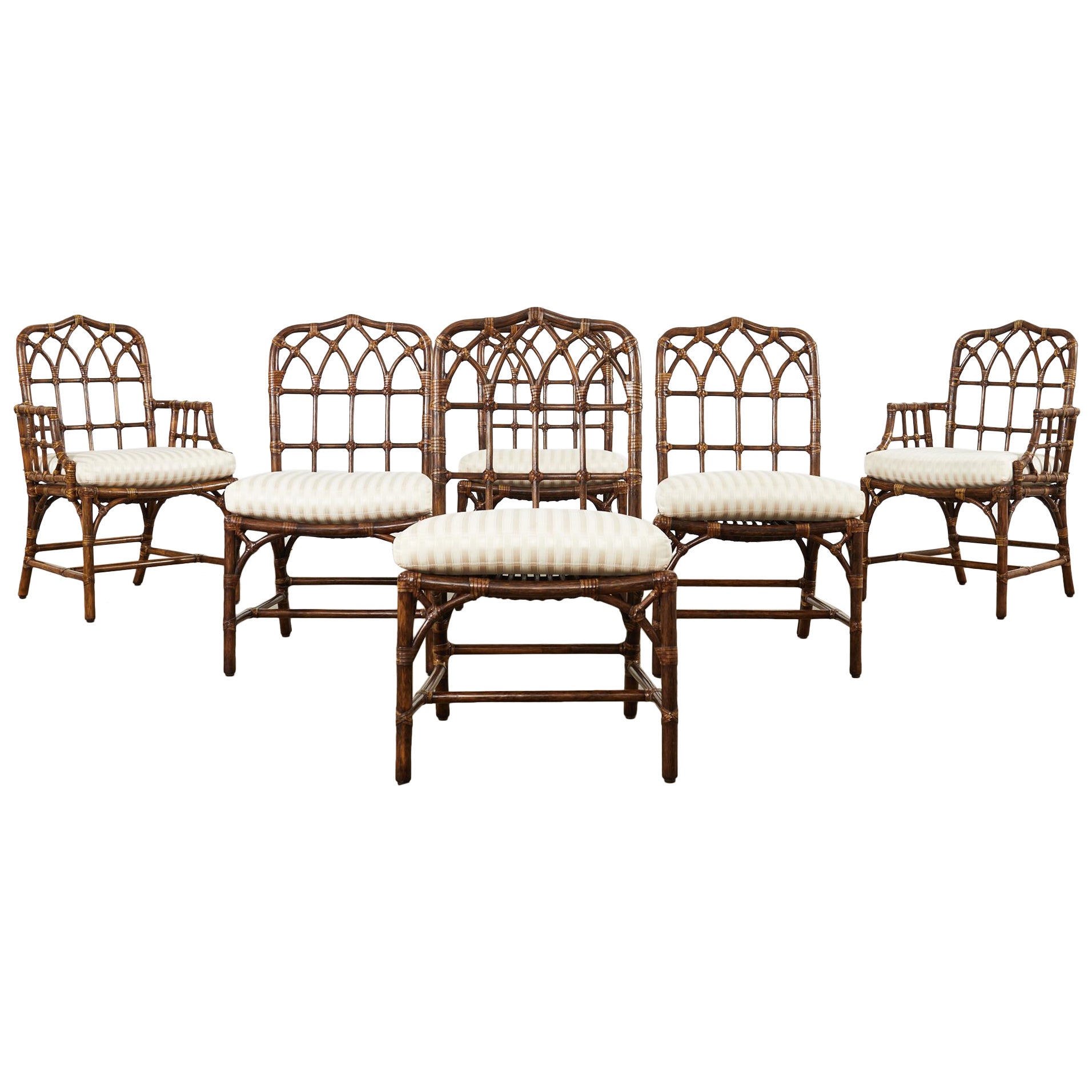 Set of Six McGuire Rattan Cathedral Back Dining Chairs
