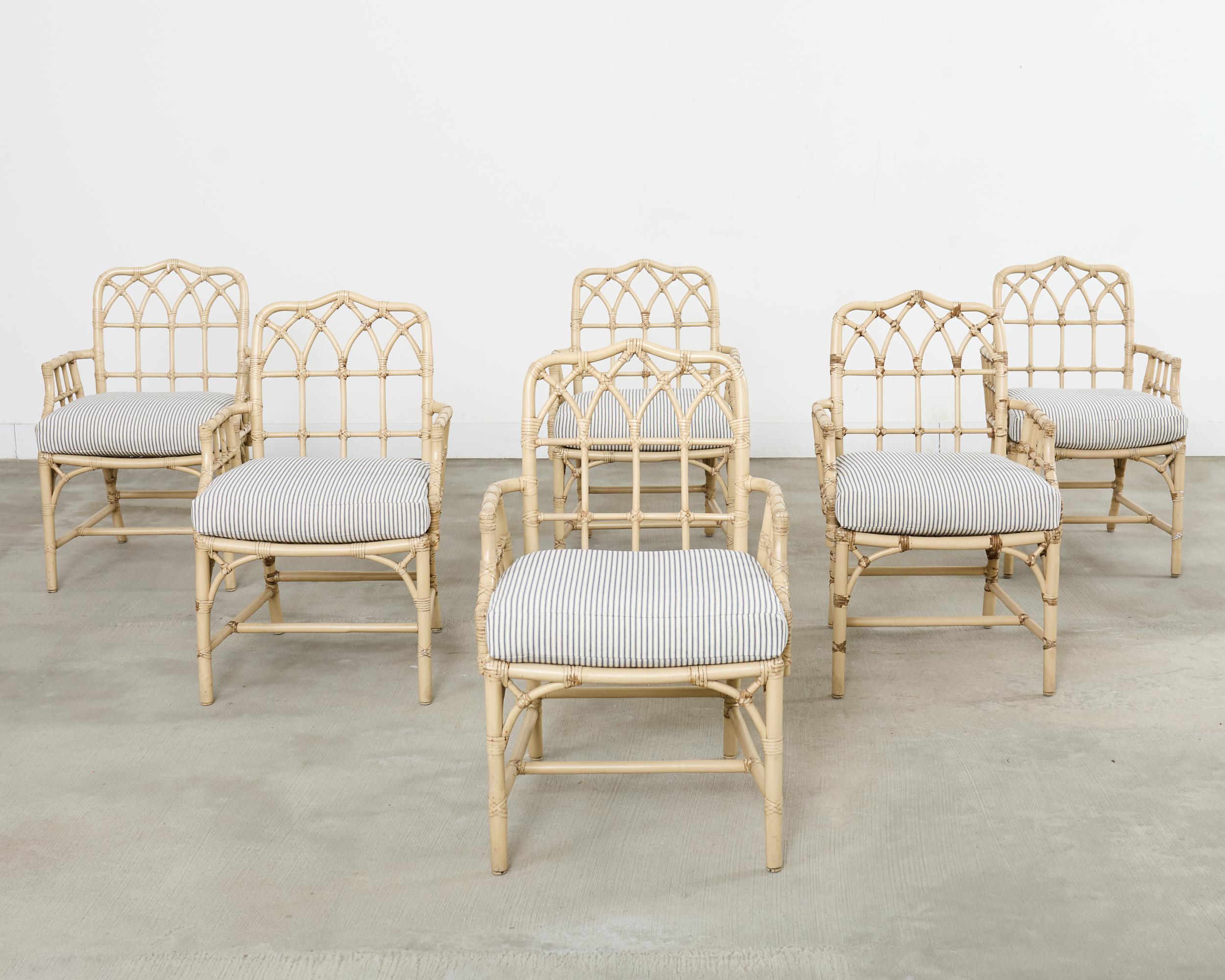 Organic Modern Set of Six McGuire Rattan Cathedral Back Rattan Dining Chairs For Sale