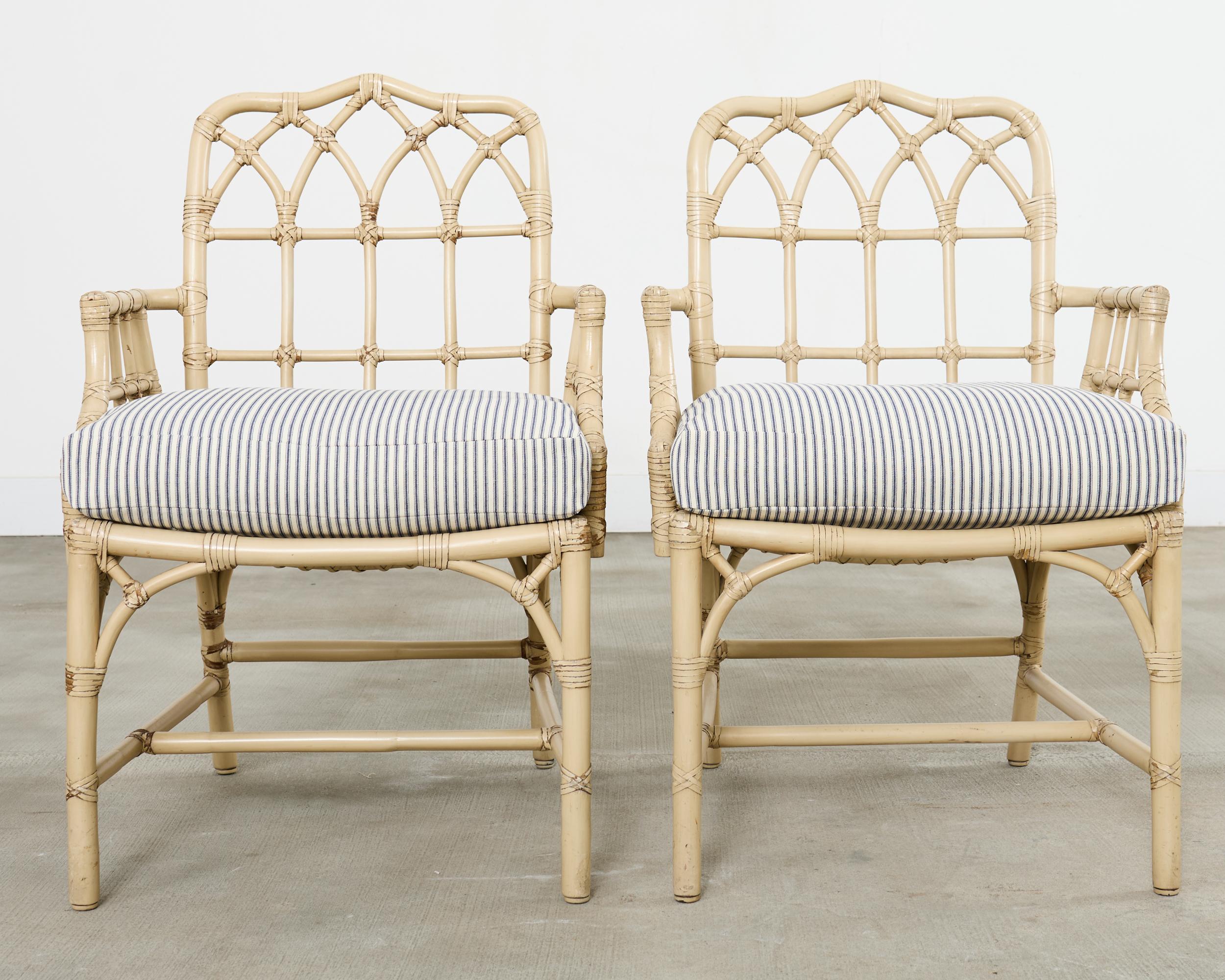 American Set of Six McGuire Rattan Cathedral Back Rattan Dining Chairs For Sale