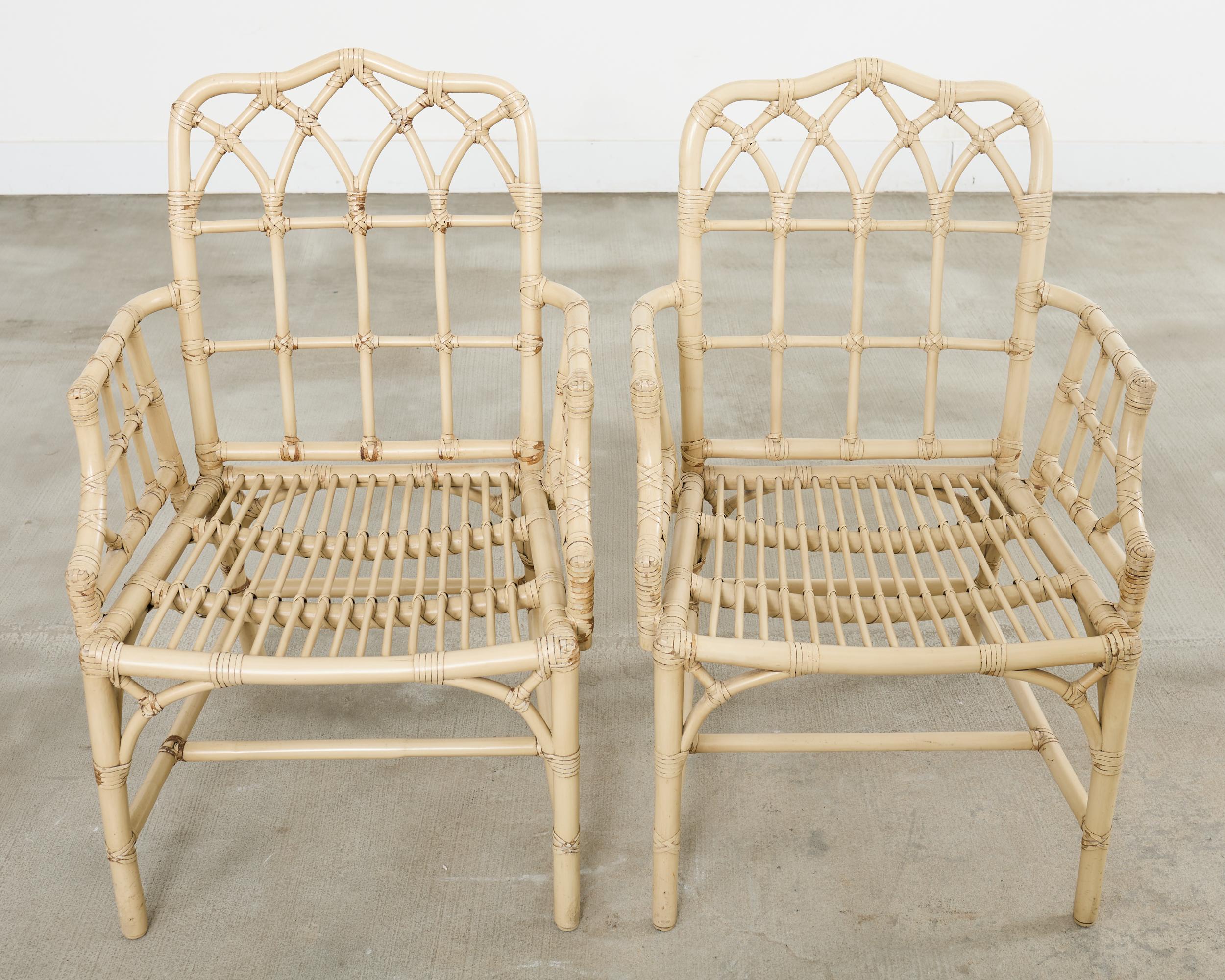 Set of Six McGuire Rattan Cathedral Back Rattan Dining Chairs For Sale 1
