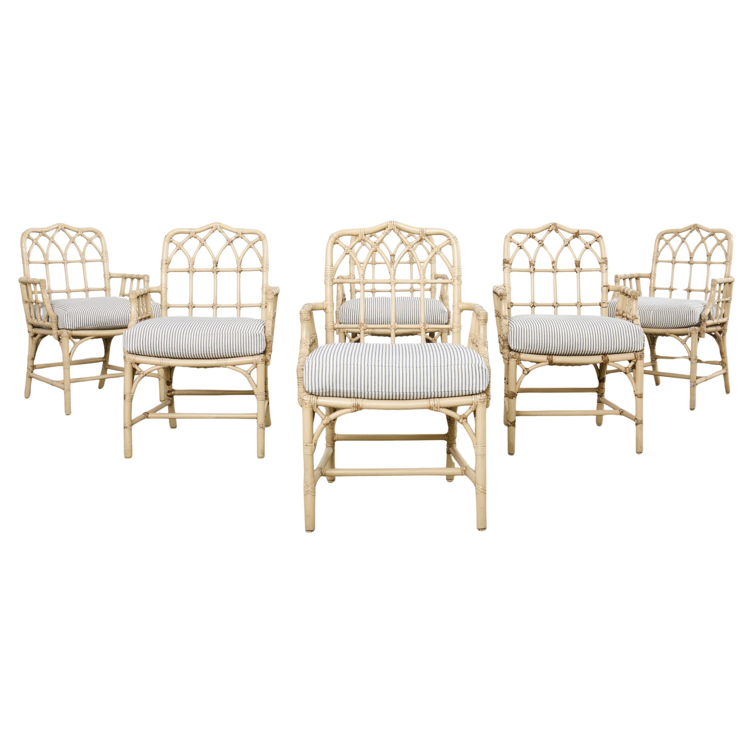 Set of Six McGuire Rattan Cathedral Back Rattan Dining Chairs For Sale