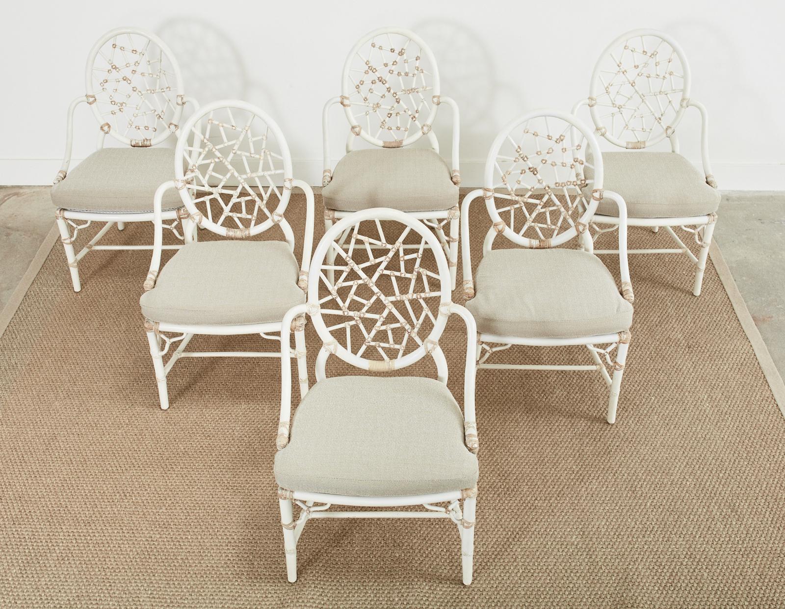 Organic Modern Set of Six McGuire Rattan Cracked Ice Dining Chairs