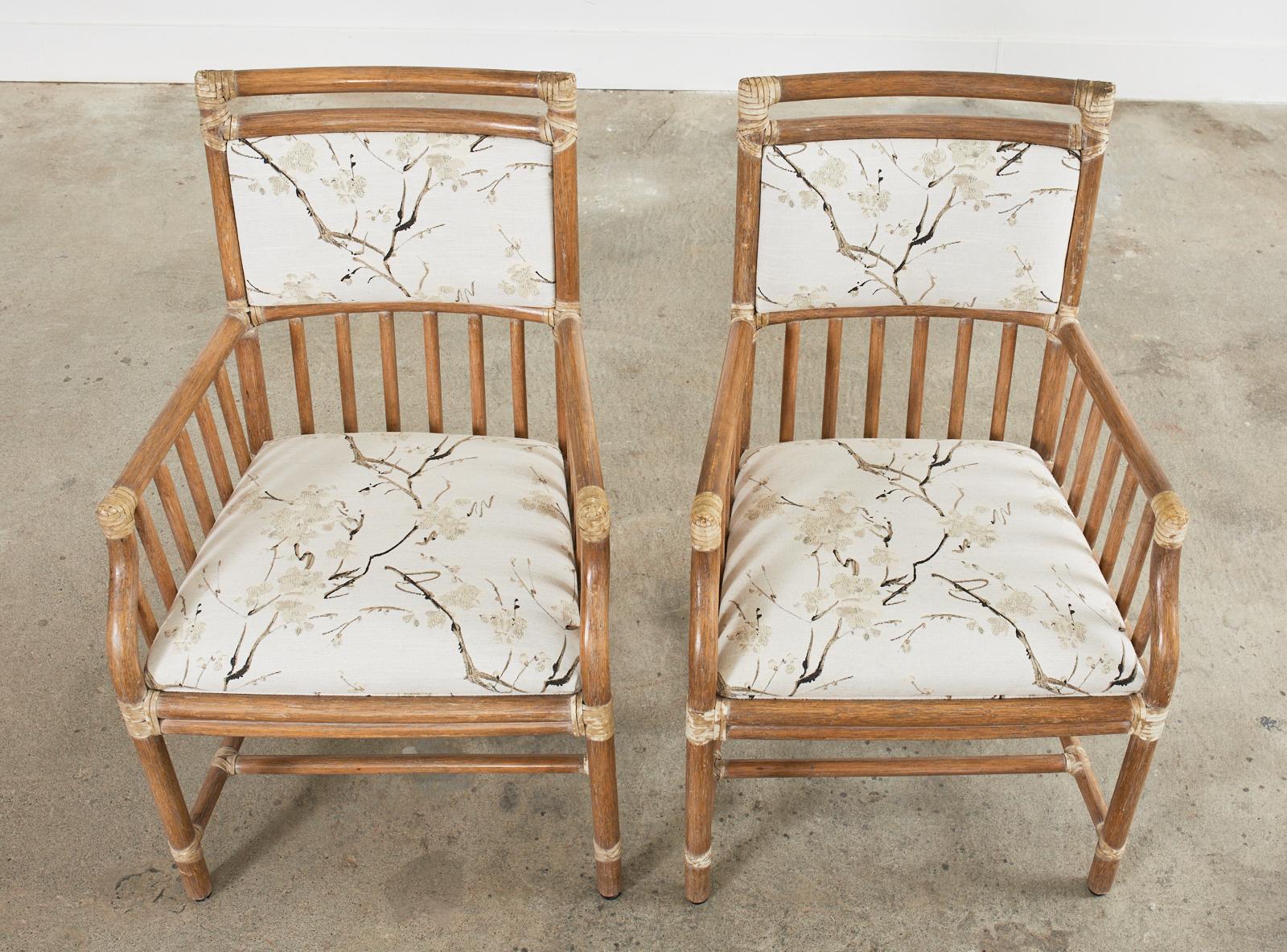 Set of Six McGuire Rattan Dining Chairs with Asian Motif Fabric In Good Condition In Rio Vista, CA