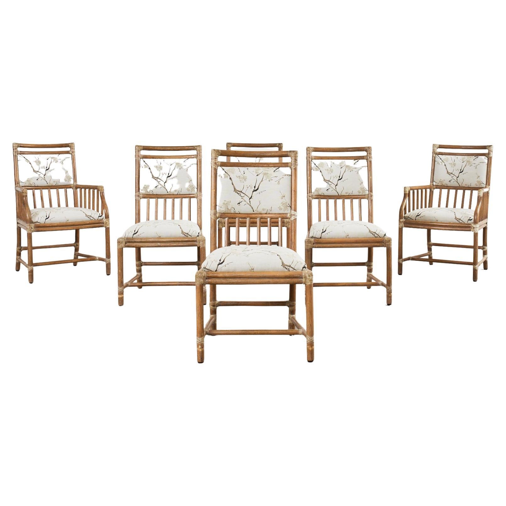 Set of Six McGuire Rattan Dining Chairs with Asian Motif Fabric