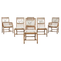 Set of Six McGuire Rattan Dining Chairs with Asian Motif Fabric