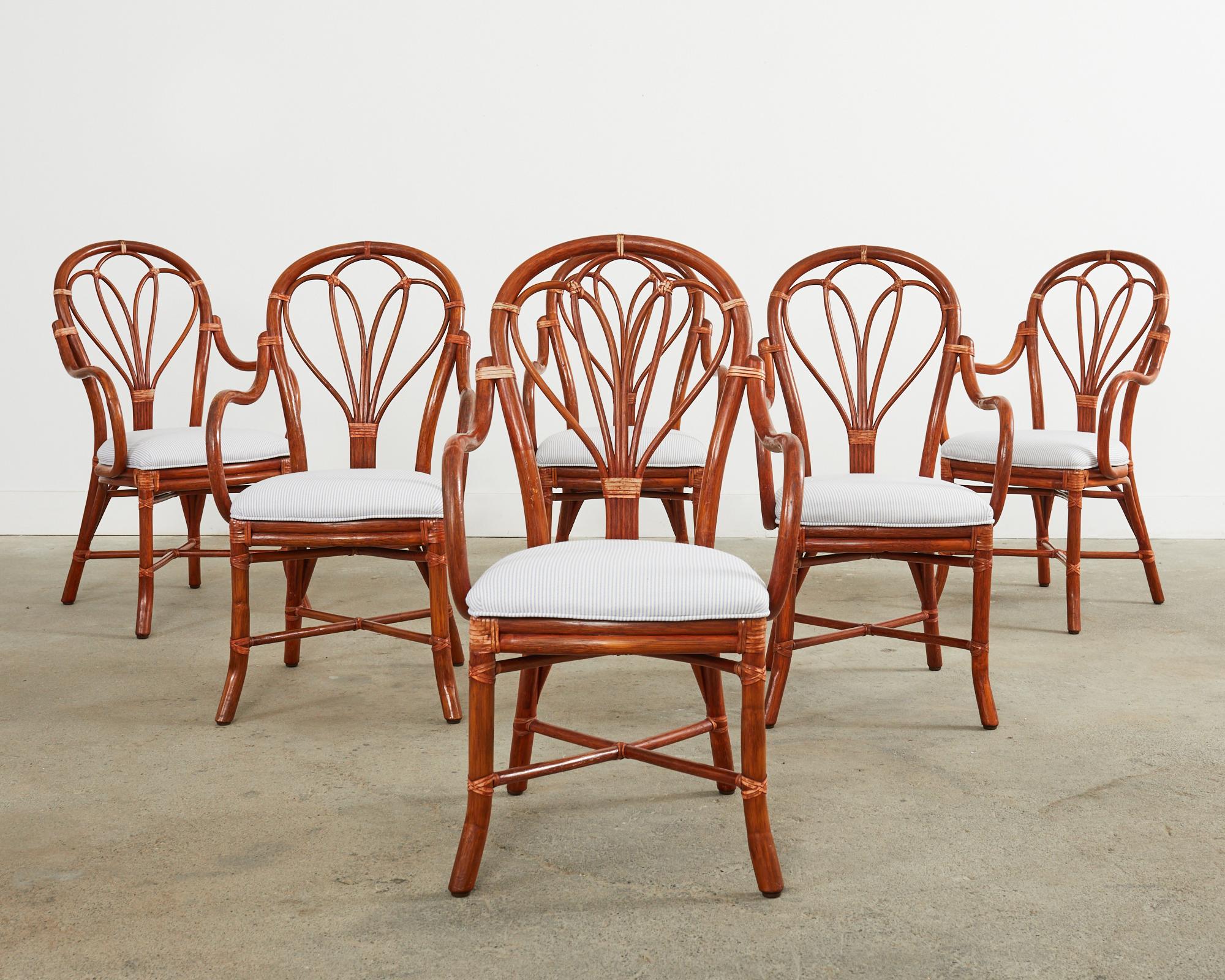 Set of Six McGuire Rattan Fan Back Dining Armchairs For Sale 4