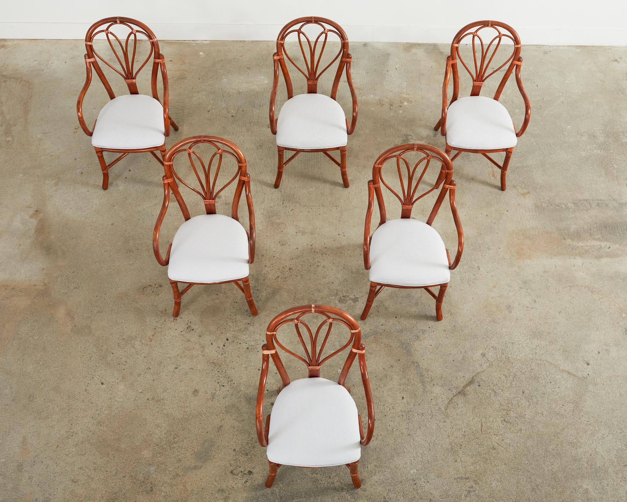 Organic Modern Set of Six McGuire Rattan Fan Back Dining Armchairs For Sale