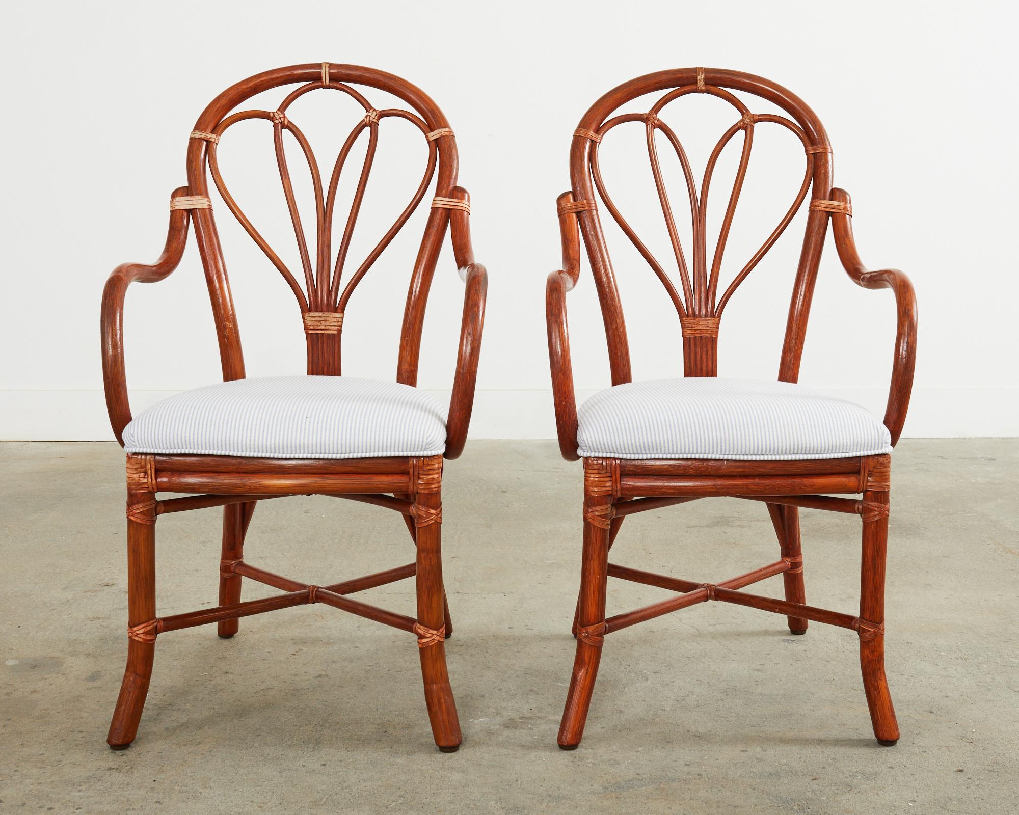 American Set of Six McGuire Rattan Fan Back Dining Armchairs For Sale