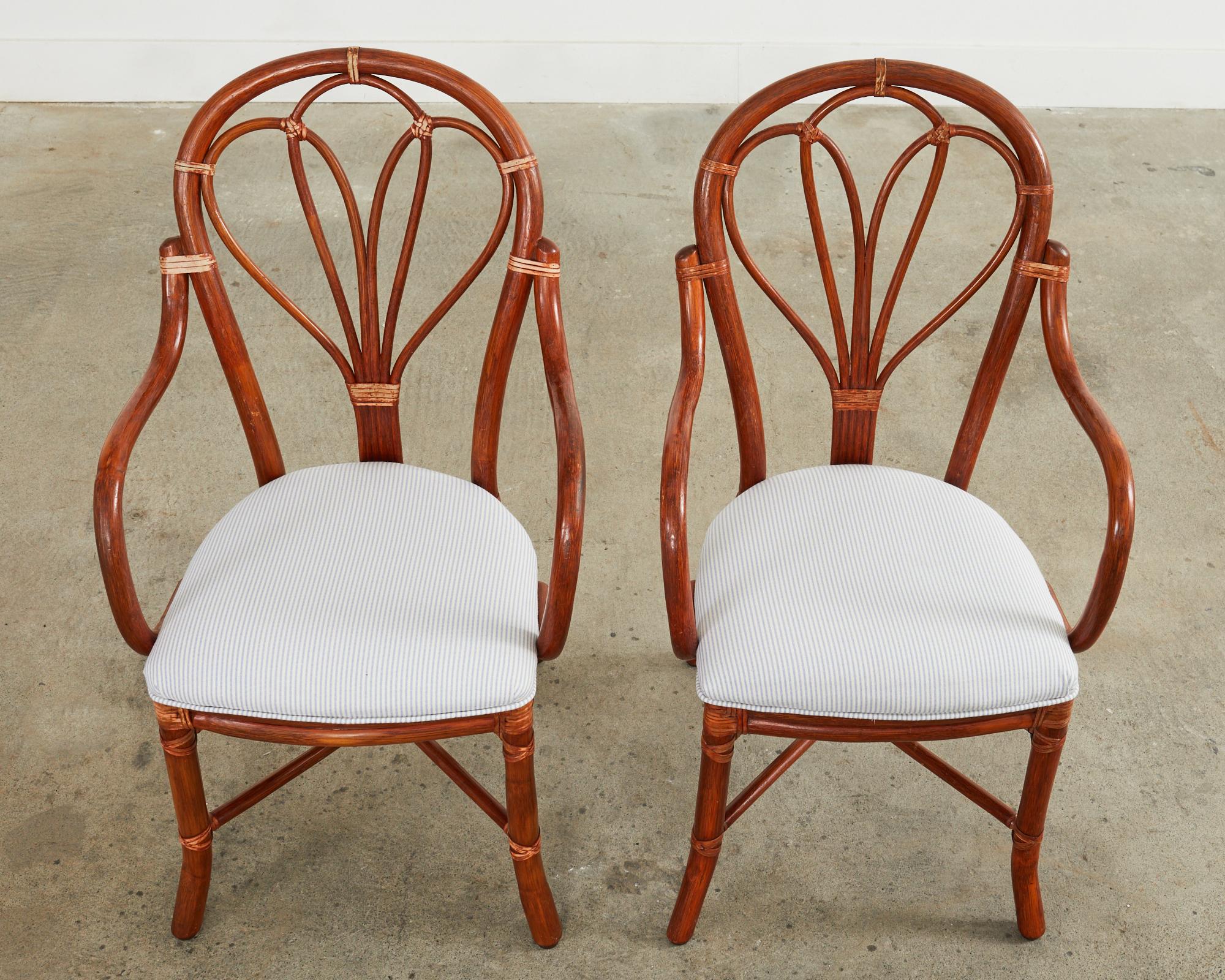 Lacquered Set of Six McGuire Rattan Fan Back Dining Armchairs For Sale