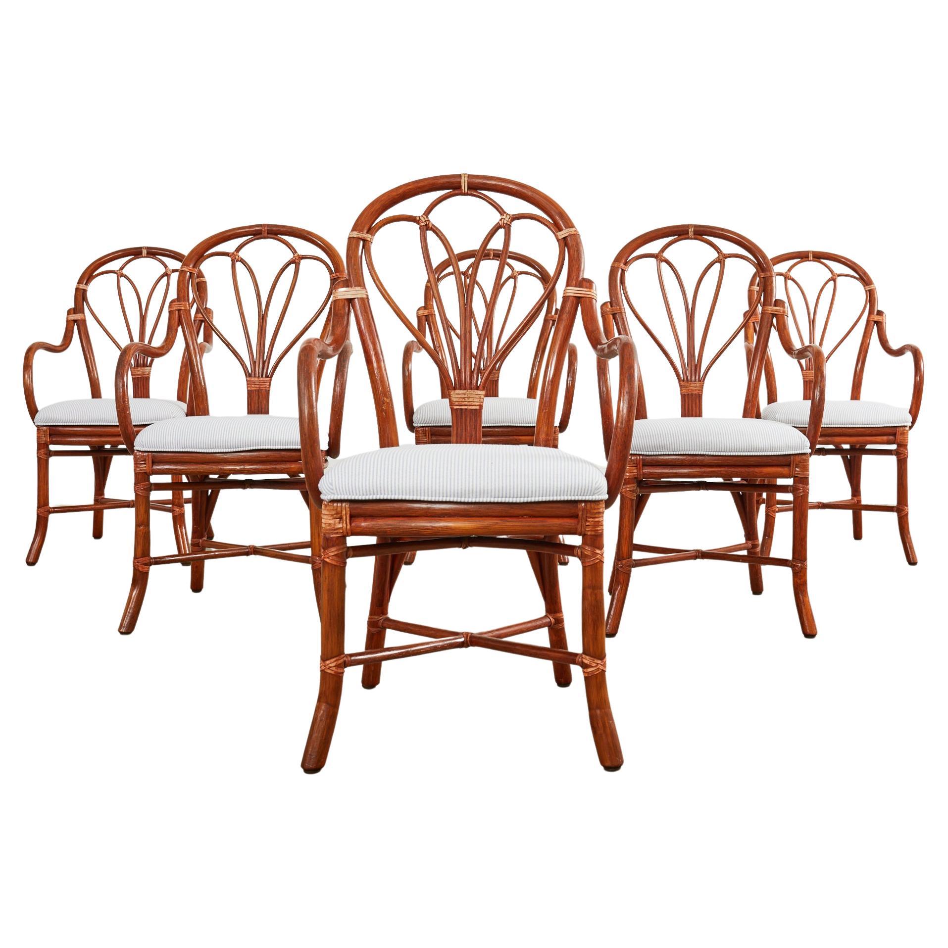 Set of Six McGuire Rattan Fan Back Dining Armchairs For Sale