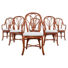 Set of Six McGuire Rattan Fan Back Dining Armchairs