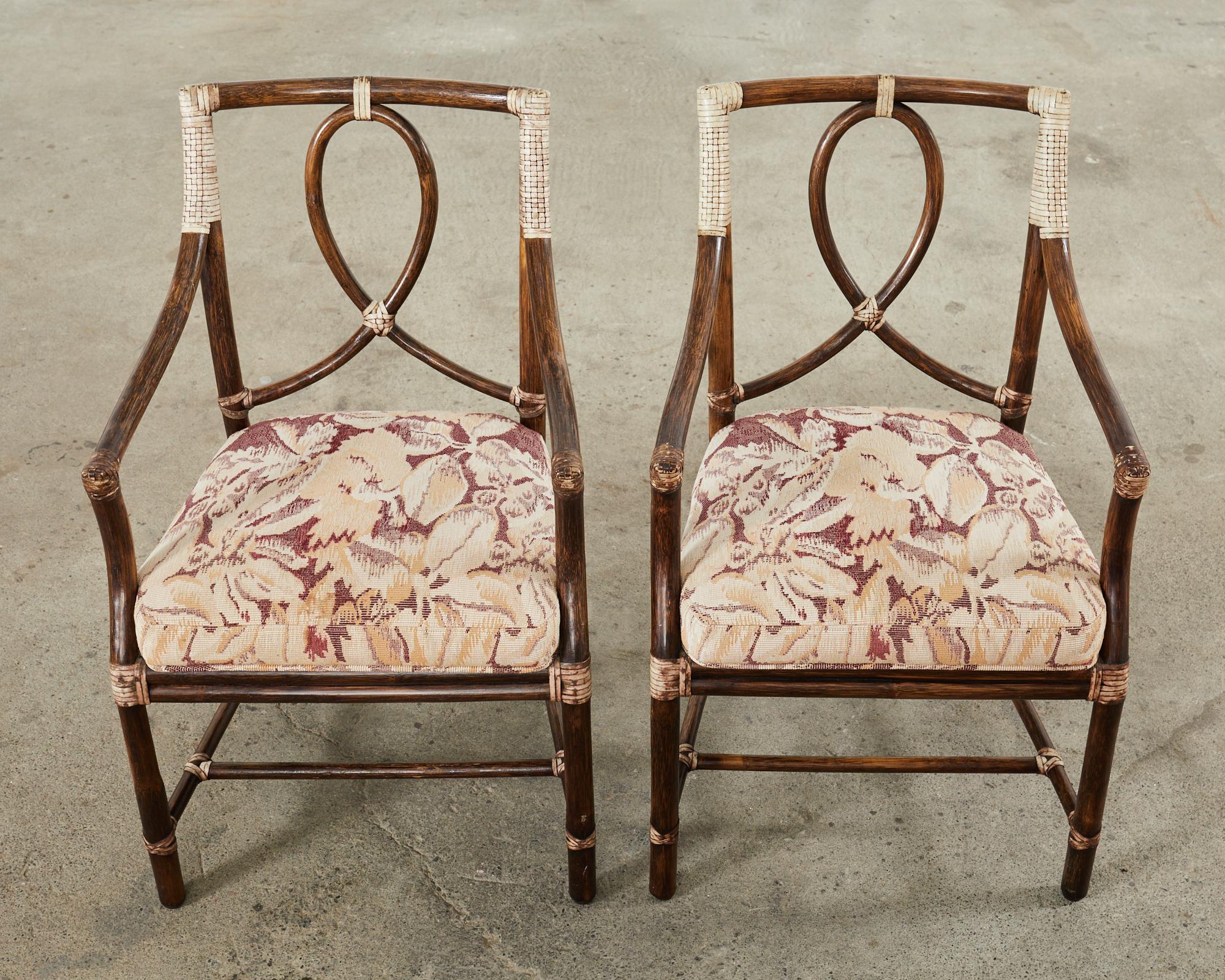 Hand-Crafted Set of Six McGuire Rattan Loop Back Dining Armchairs For Sale