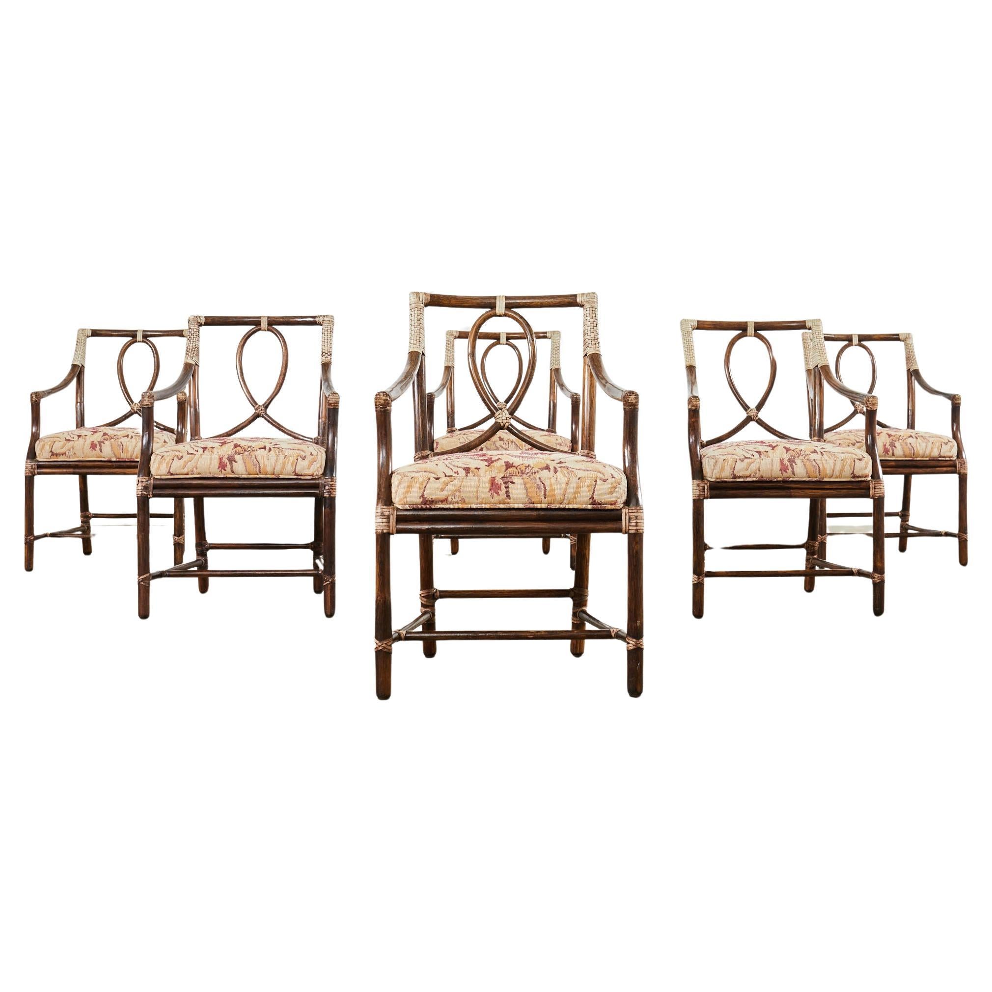Set of Six McGuire Rattan Loop Back Dining Armchairs For Sale