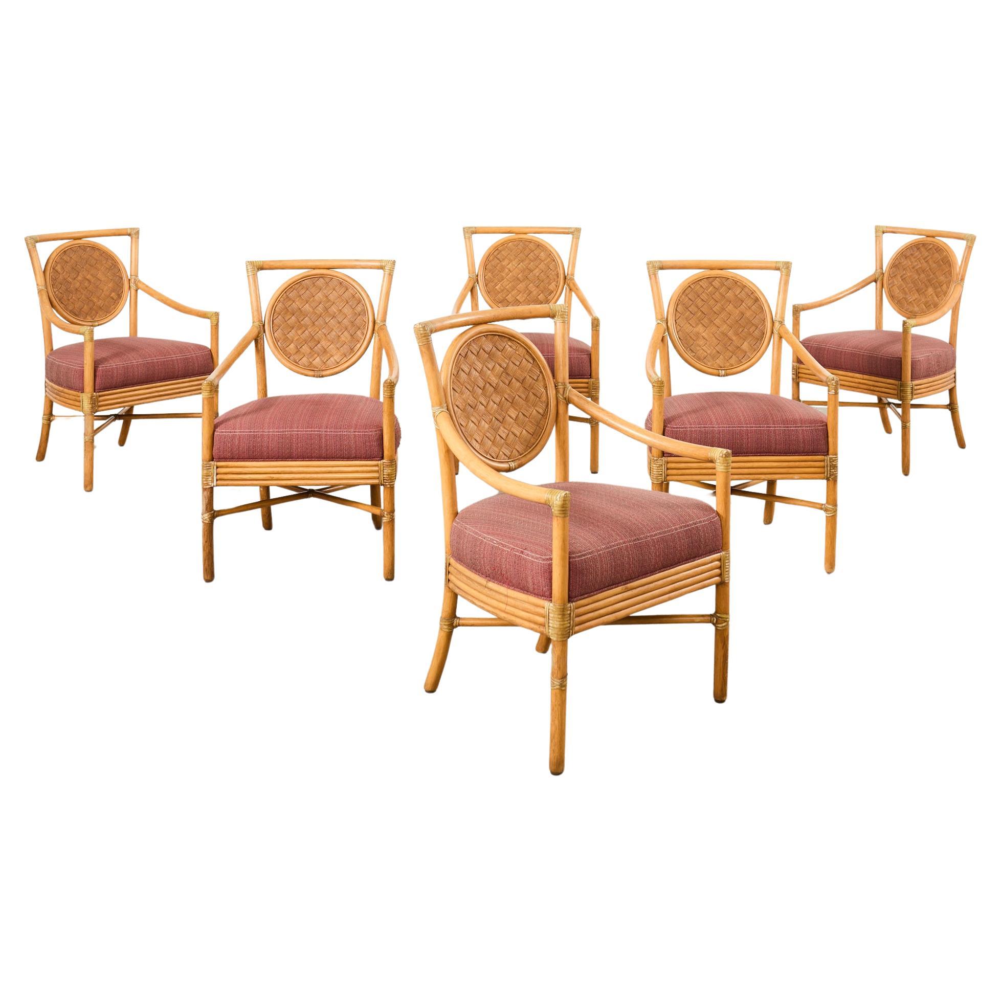 Ensemble de six fauteuils de salle à manger de salon en rotin organique et moderne McGuire  en vente