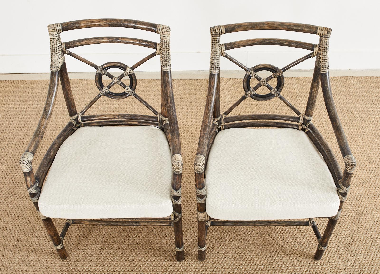 Organic Modern Set of Six McGuire Rattan Target Back Dining Chairs