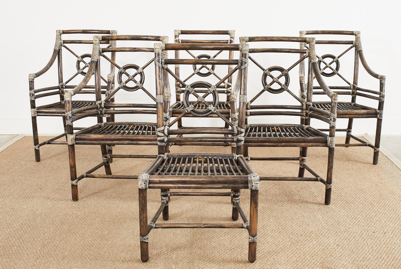 Leather Set of Six McGuire Rattan Target Back Dining Chairs