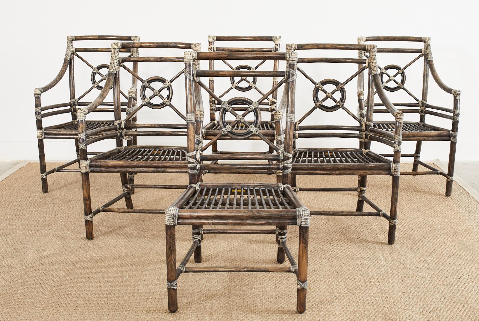 20th Century Set of Six McGuire Rattan Target Back Dining Chairs