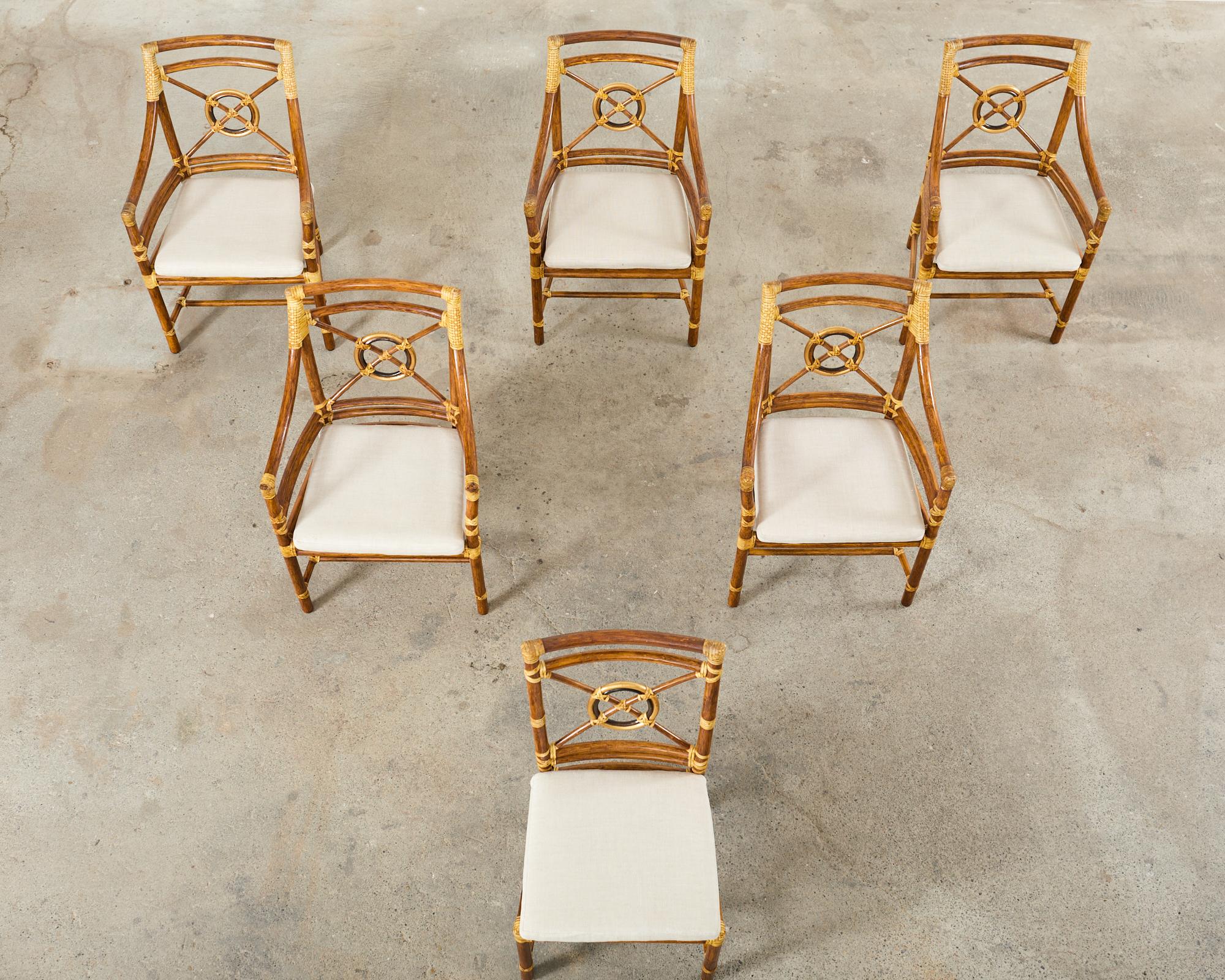 American Set of Six McGuire Rattan Target Design Dining Chairs  For Sale