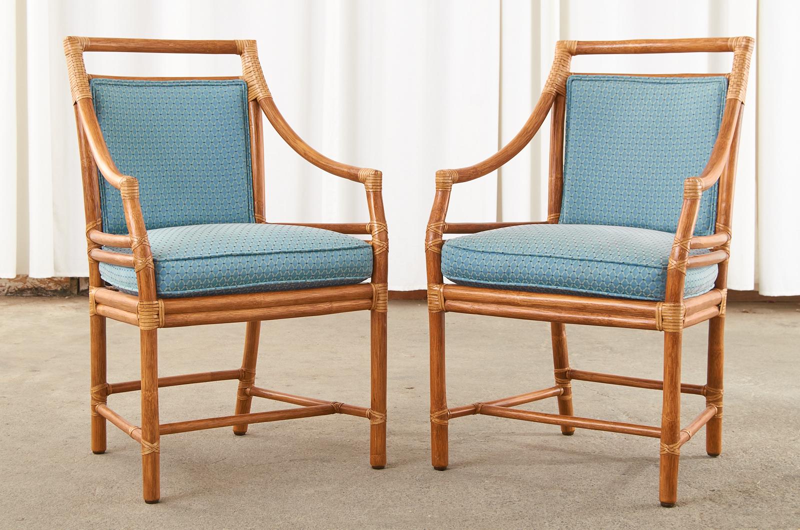 Hand-Crafted Set of Six McGuire Rattan Target Dining Armchairs