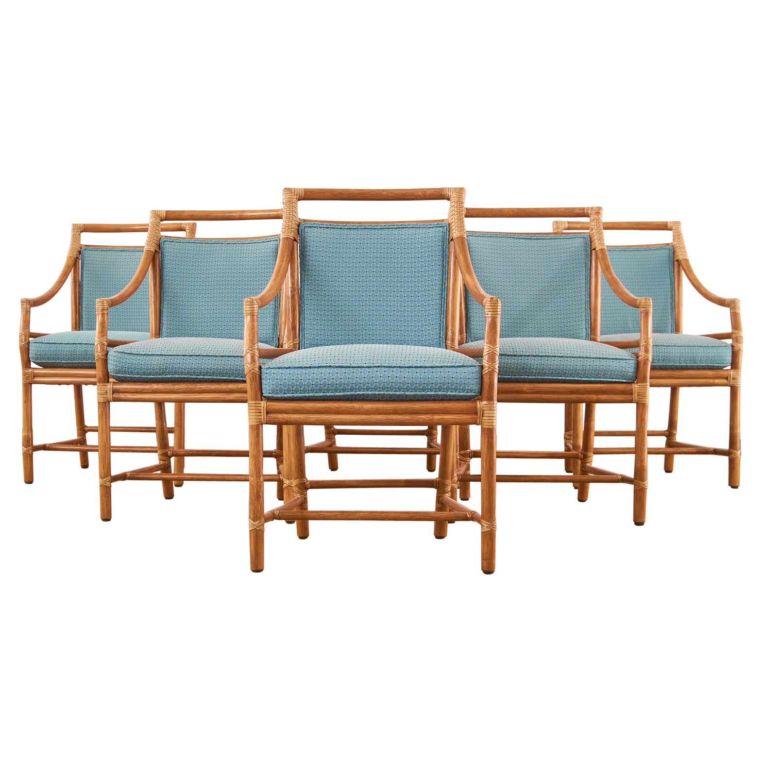 Set of Six McGuire Rattan Target Dining Armchairs