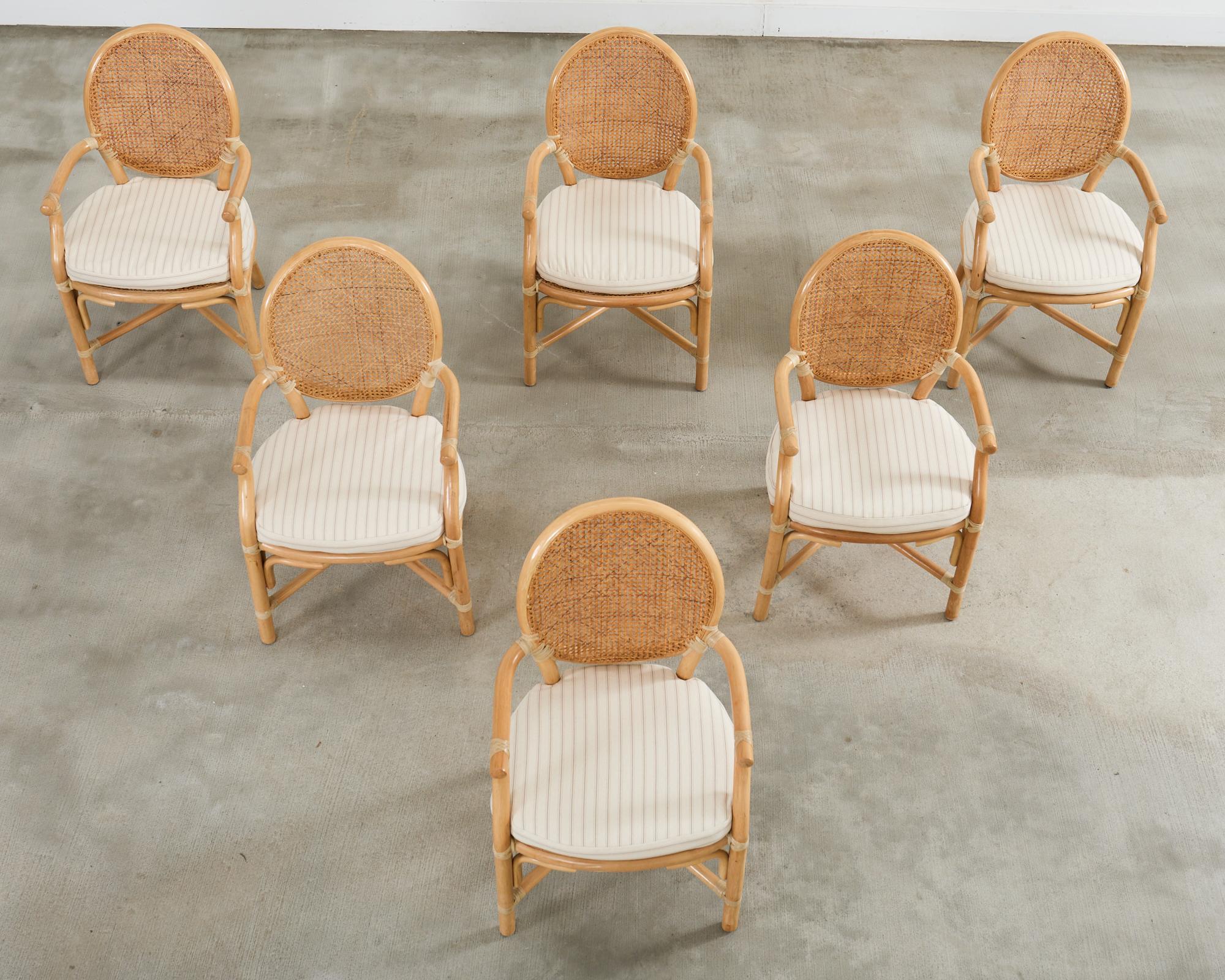 Organic Modern Set of Six McGuire Style Blonde Rattan Caned Dining Armchairs