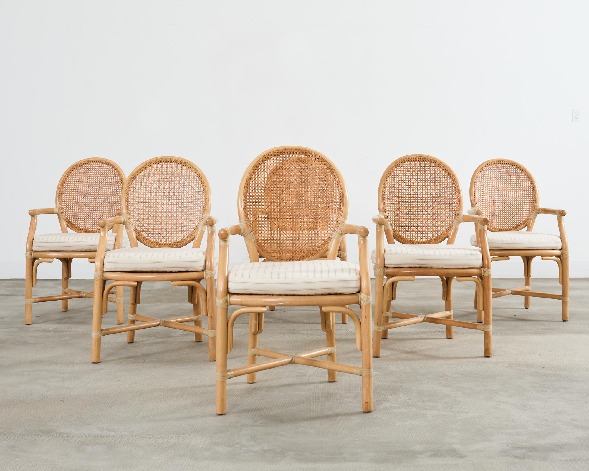 Hand-Crafted Set of Six McGuire Style Blonde Rattan Caned Dining Armchairs