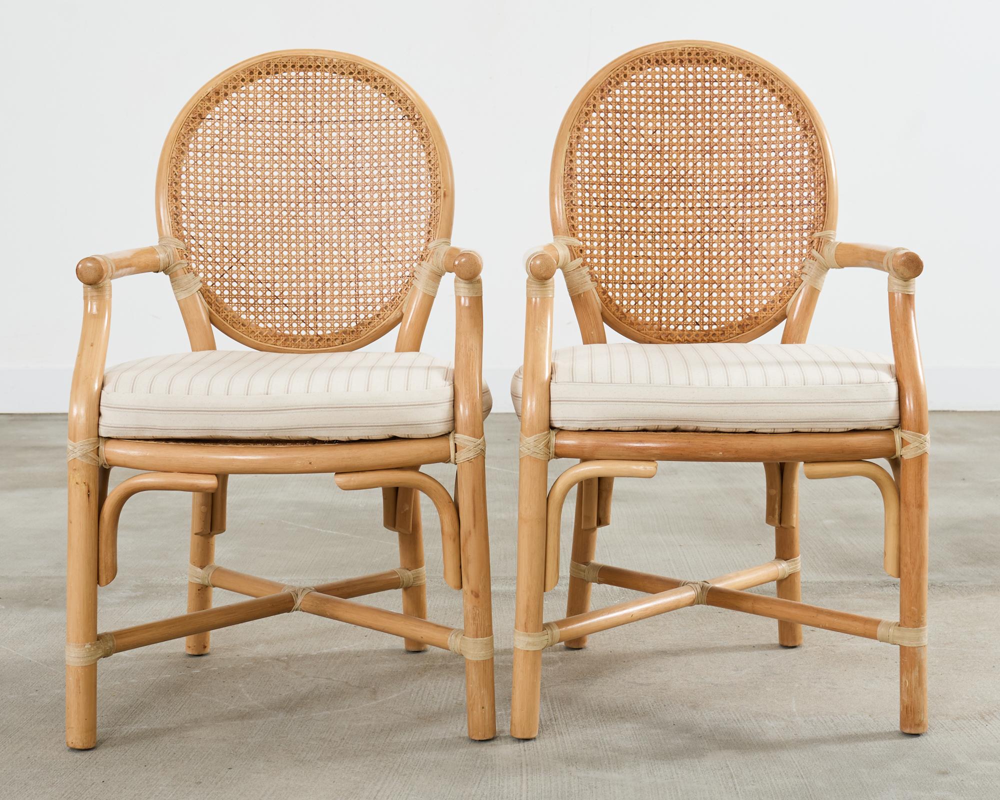 Set of Six McGuire Style Blonde Rattan Caned Dining Armchairs In Good Condition In Rio Vista, CA
