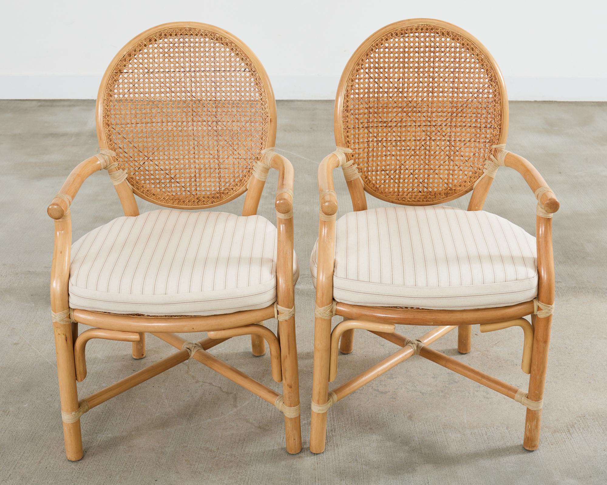Leather Set of Six McGuire Style Blonde Rattan Caned Dining Armchairs