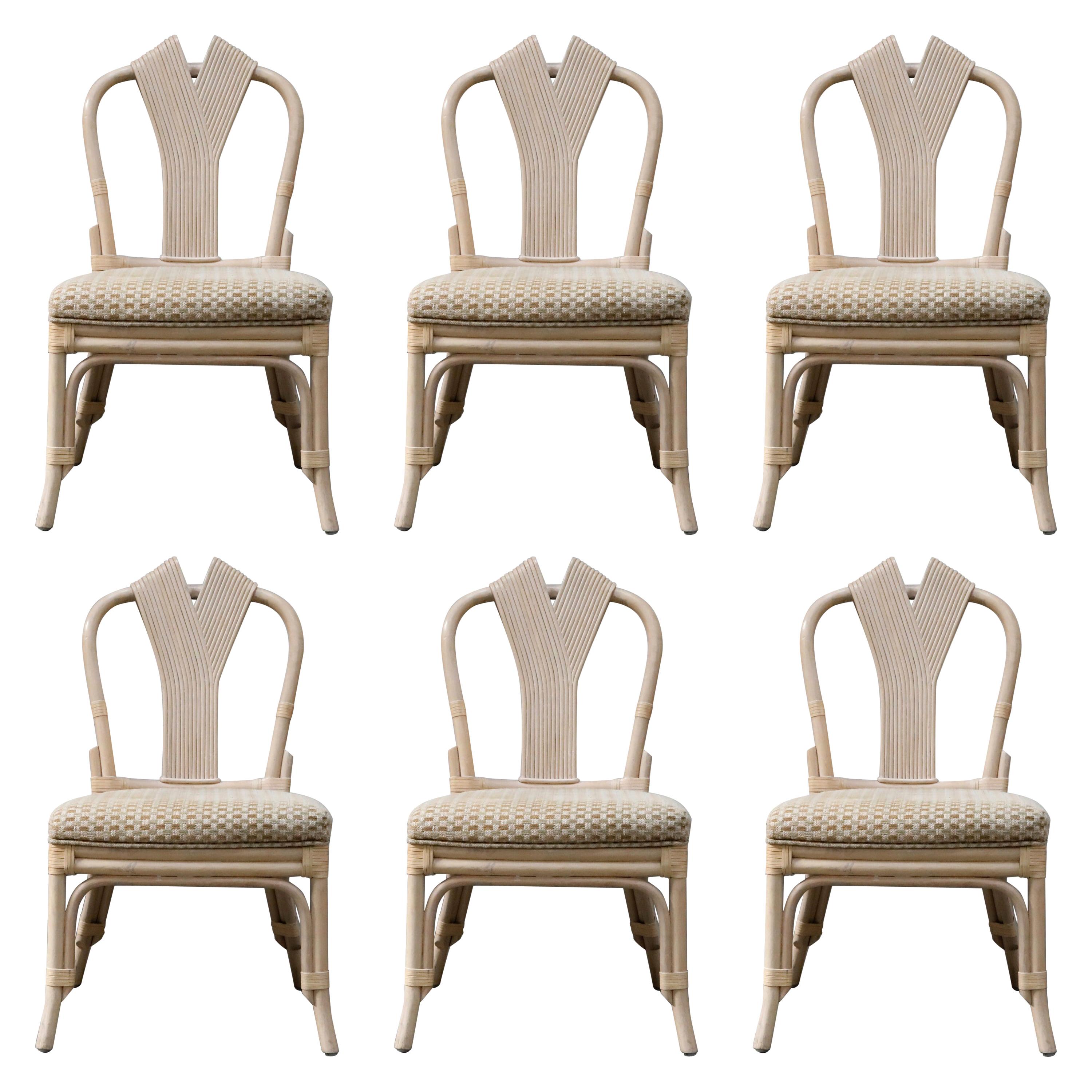 Set of Six McGuire Styled Rattan Ribbon Back Dining Chairs