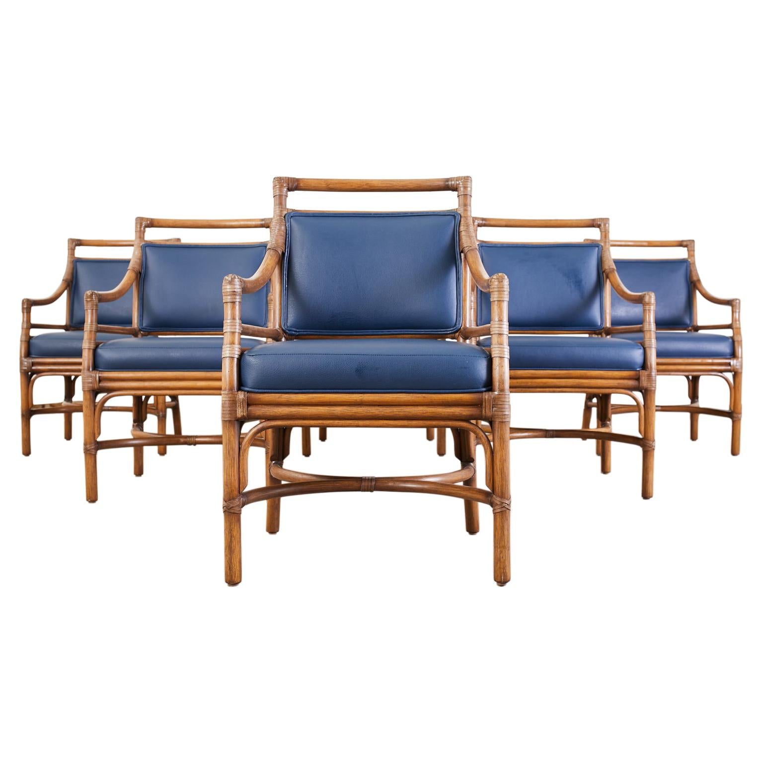 Set of Six McGuire Target Style Rattan Dining Armchairs