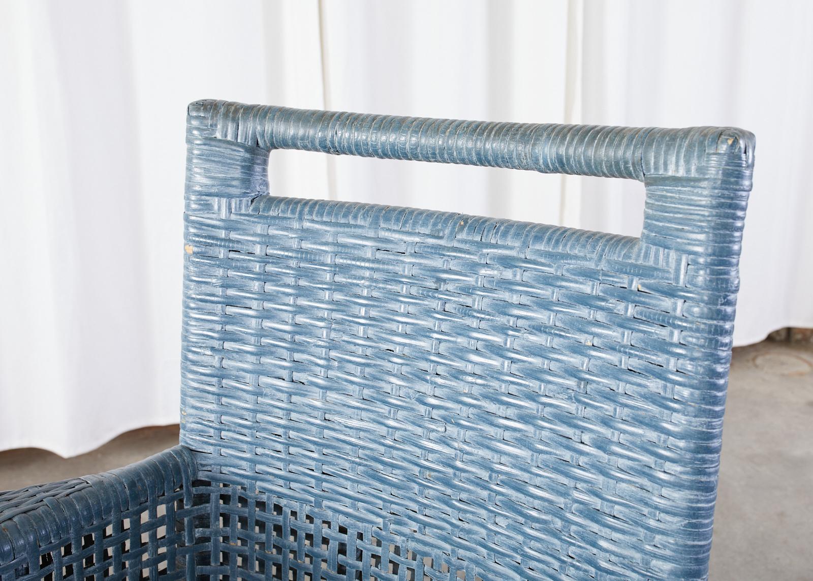 Set of Six McGuire Woven Rattan French Blue Dining Chairs 1