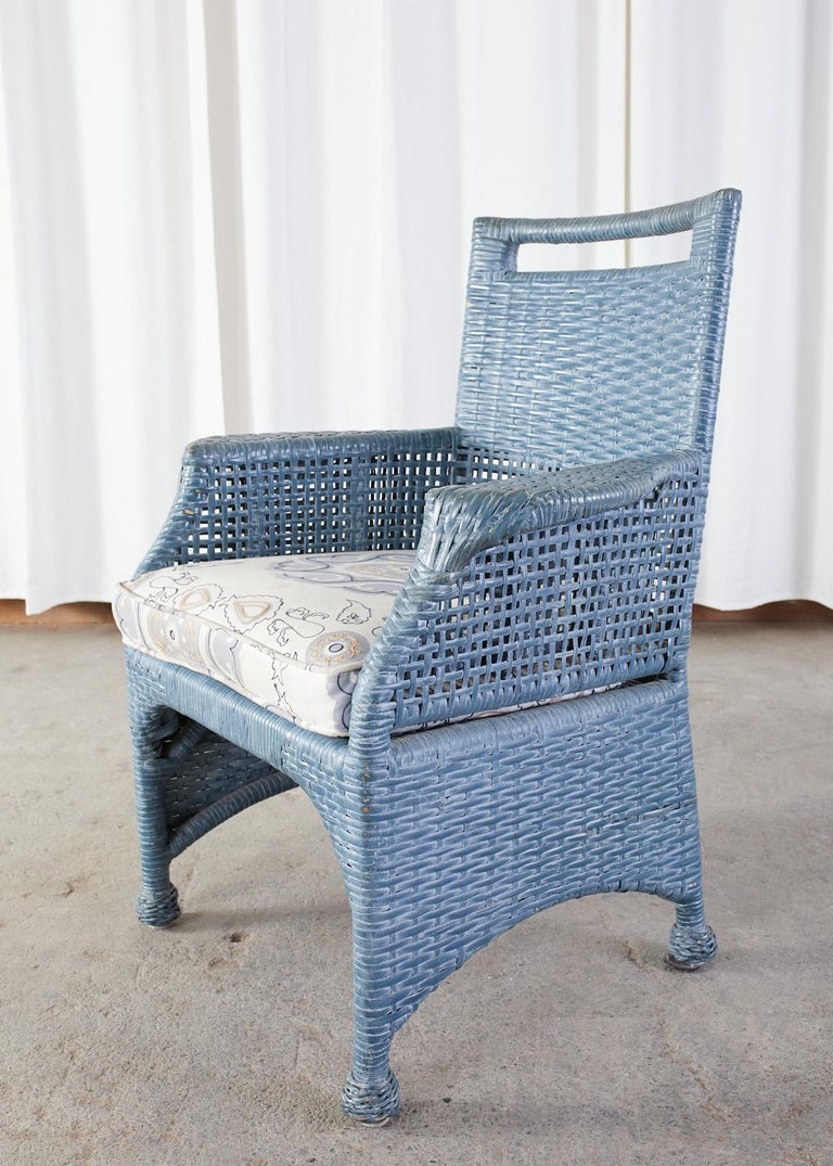 Set of Six McGuire Woven Rattan French Blue Dining Chairs at 1stDibs