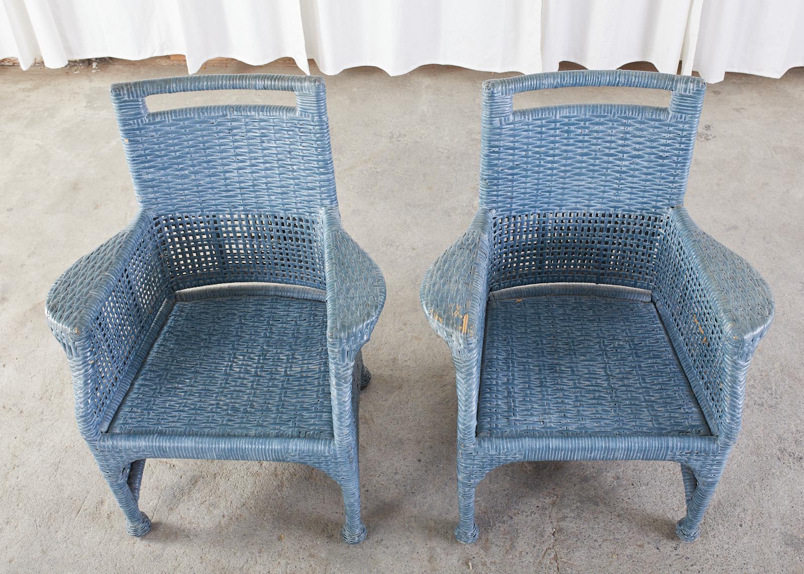 Set of Six McGuire Woven Rattan French Blue Dining Chairs 4